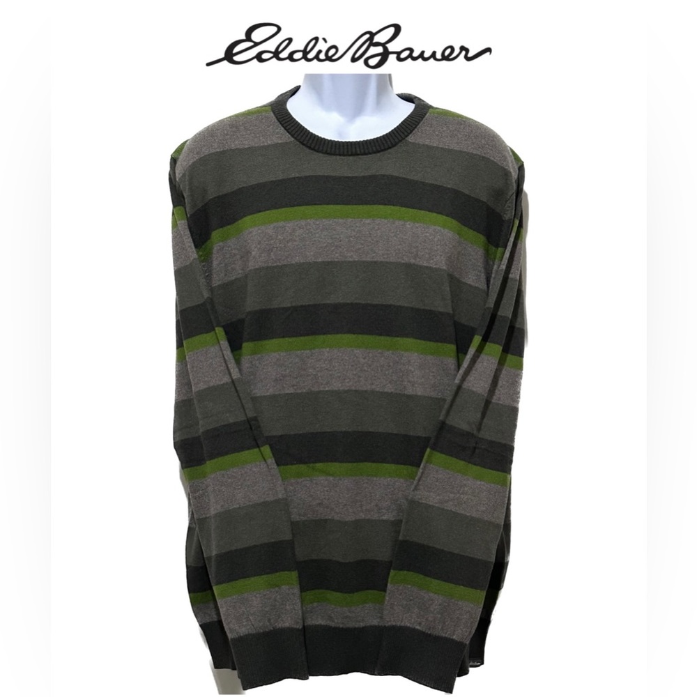 EDDIE BAUER Sweater Men's Crewneck Light Weight Green Gray Cotton/Wool 2XL